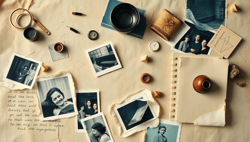 Quick Succession Relief – vintage family photographs, handwritten notes and a notebook arranged on a table